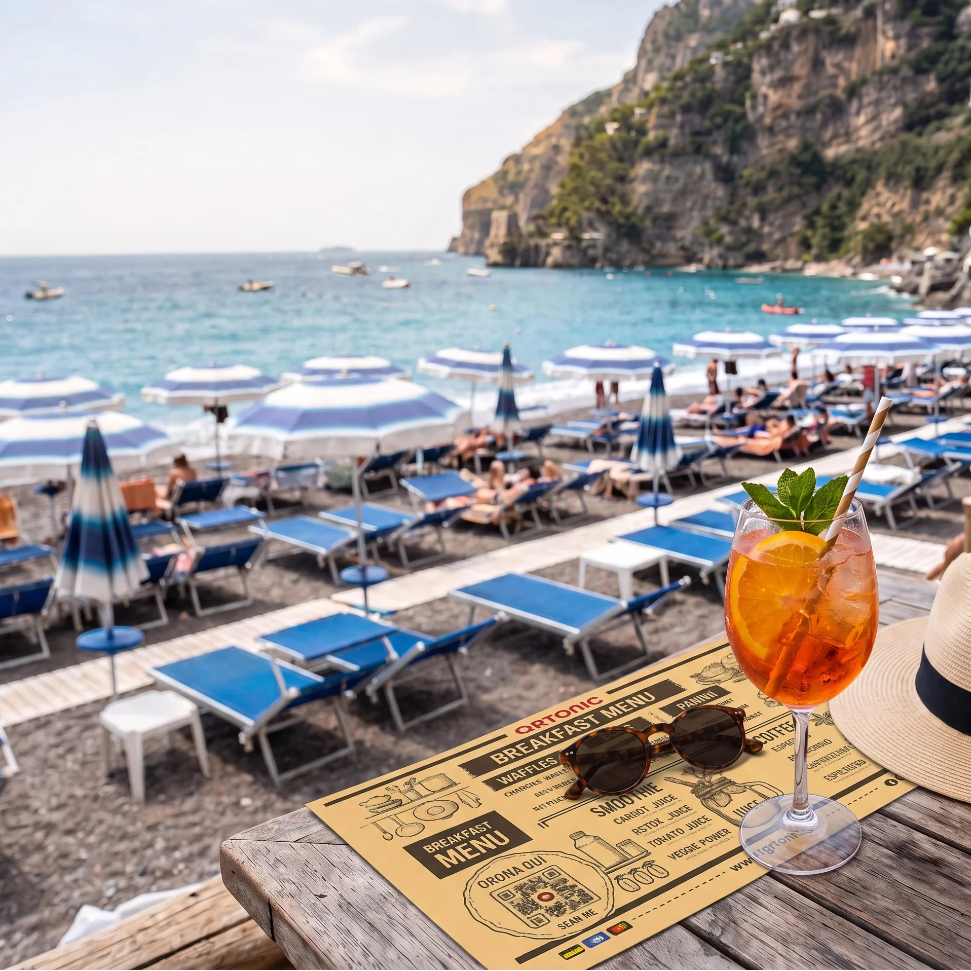 Menù QR code su tovaglietta in uno stabilimento balneare
