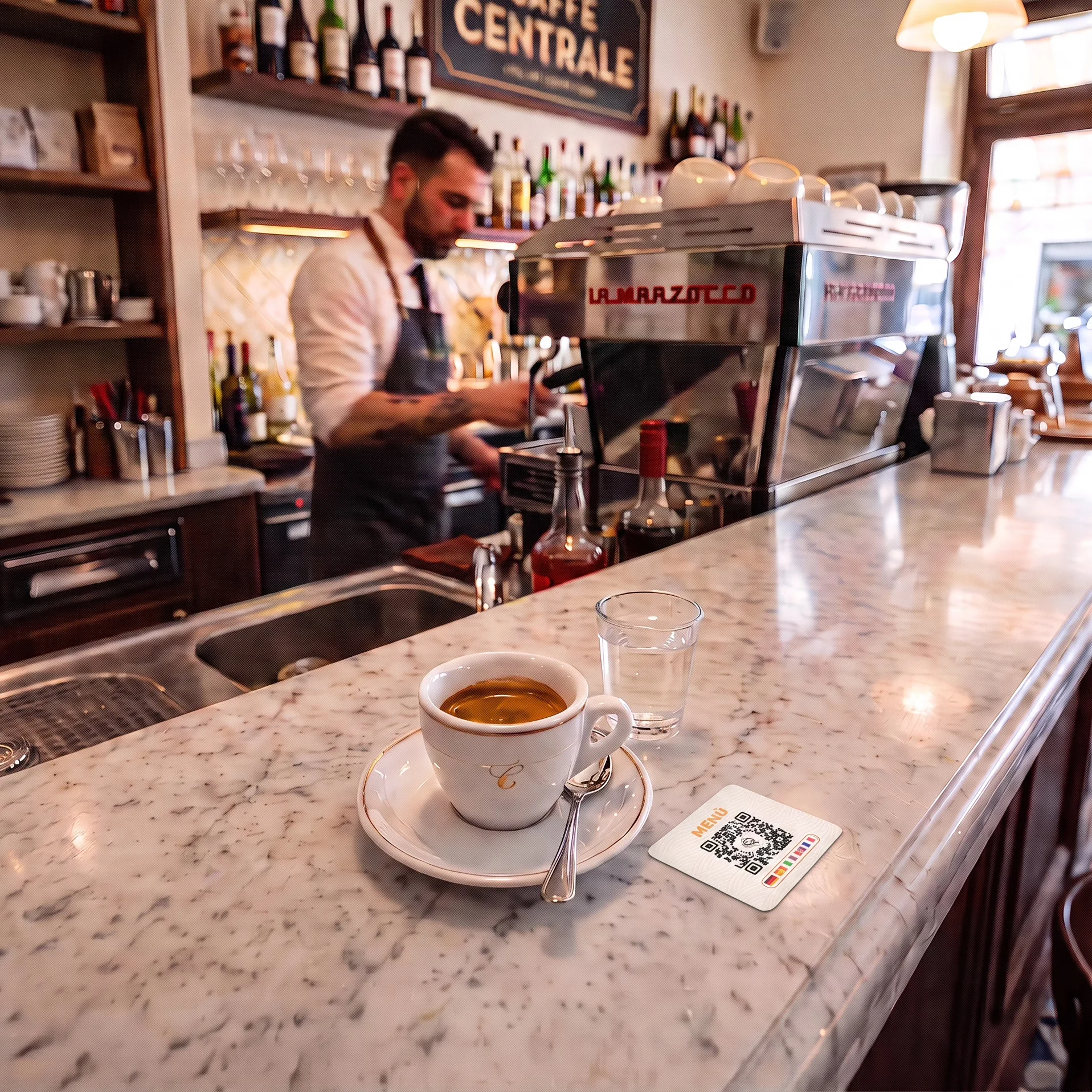 Sottobicchiere con QR code sul banco in marmo di un caffè
