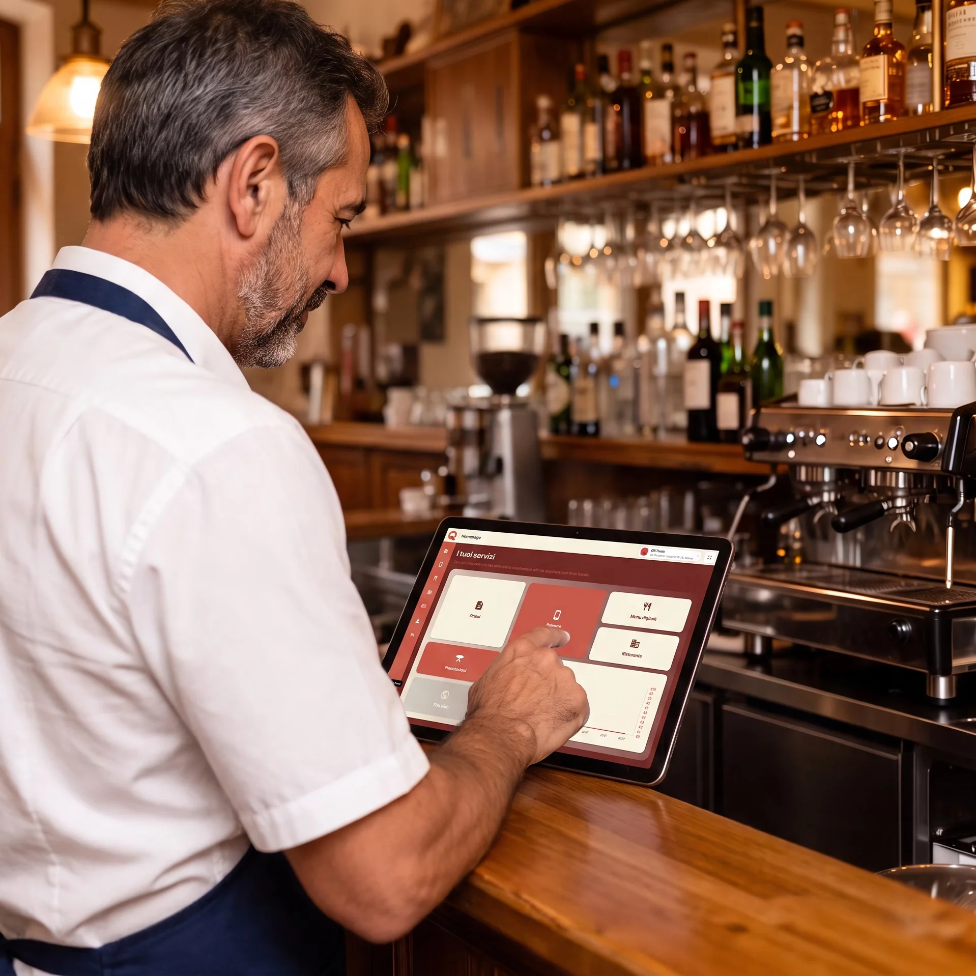 Cameriere/Barman che utilizza il tablet con l'interfaccia QRTonic